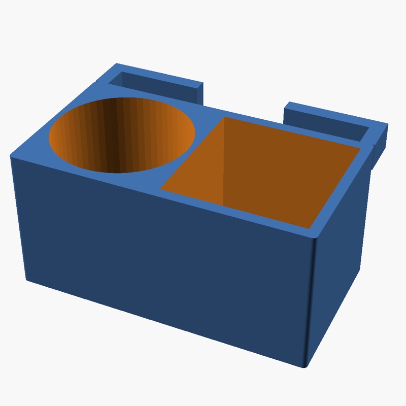 Sorted3D Hub Blind Dual Caddy with a round cup well and a square utility pocket, drops onto the back poles of a pop-up blind